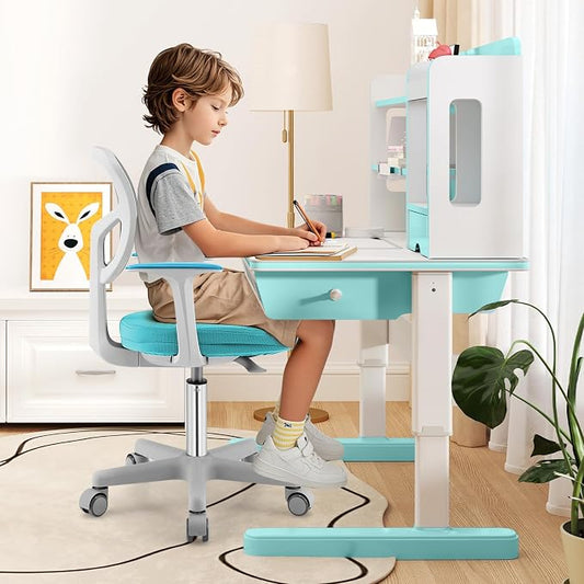 Giantex Kids Desk Chair, Ergonomic Adjustable Teen Task Chair w/Y-Shaped Lumbar Support, Armrest & Universal Wheels, Mesh Kid Office Chair for Sturdy, Kids Computer Chair for Boy Girl 4-12, Turquoise