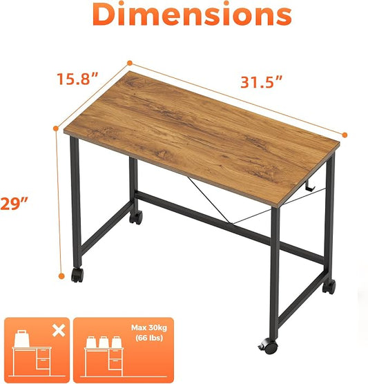 Mericonia 32 inch Rolling Computer Desk with Wheels, Gaming Desk for Small Spaces, Modern Simple Style Table for Home Office, Study Writing Table