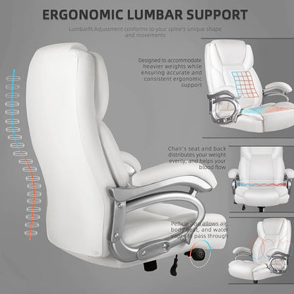 VITESSE 500lbs Heavy Duty Office Chair for Low Back Pain Relief, Big and Tall Office Chair with Ergonomic Lumbar Support, High Back Executive Chair with Quiet Rubber Wheel（White）