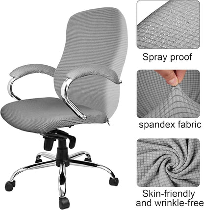 Tatuo 3 Pcs Computer Office Chair Cover Universal Rotating Chair Slipcovers Protector Removable Washable Office Armrest Covers with Zipper for High Back Seat Backrest(L,Waffle,Gray)
