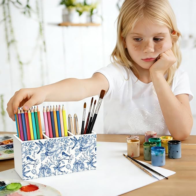 Blue Chinoiserie Bird Floral Pen Pencil Holder for Desk, Bird Lovers Gifts, Cottagecore Flower Botanical Wooden Box Sign Decorations for Home Office Girls Room Bedroom Desk Tabletop