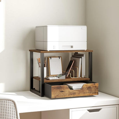 YATINEY Desktop Printer Stand, 2-Tier Printer Table with Non-Woven Drawer, Multi-Purpose Desk Organizer for Home Office, Under Desk Open Organizer Shelf, Rustic Brown PS01BR