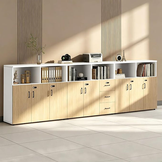 File Cabinet with Password Lock, Wood Lateral Filing Cabinet for Letter/A4 Files, 3 Drawer with Door, Printer Stand with Open Shelves for Home Office