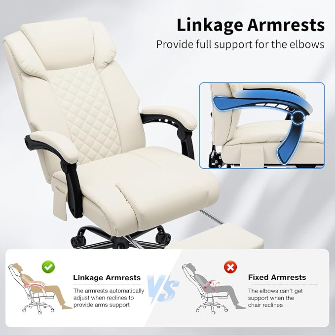 HOFFREE 400lbs Massage Office Chair with Foot Rest 6 Points Vibration Ergonomic Executive Office Chair Reclining High Back Computer Desk Chairs Beige