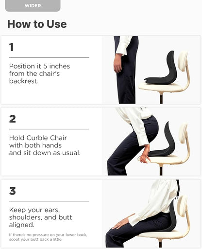 Curble Wider(Standard Wide) – Ergonomic Lower Back Support, Lumbar Support Back Posture Corrector for Low Back Pain Relief, Perfect for Home Office Desk Chair, and Floor Seat, Patented (Black)