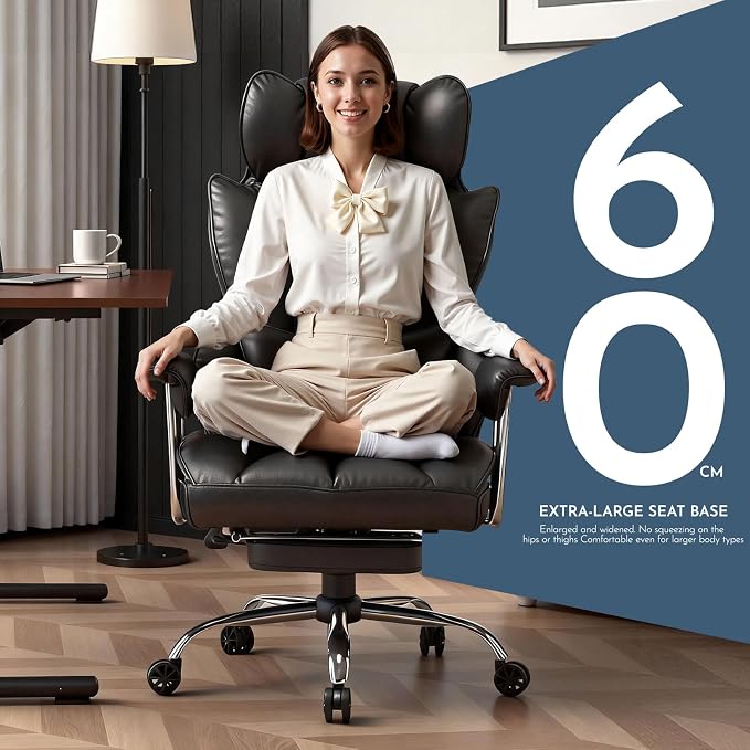 Efomao Big and Tall Office Chair with Foot Rest 400LBS, PU Leather Computer Chair, Heavy Duty Executive Office Chair with Lumbar Support, Black Home Office Chairs | 400lbs support, 135° recline, dual-layer foam cushion, 23.5" seat & footrest. BIFMA