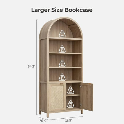 SICOTAS Book Shelf Arched Cabinet Bookshelf Arch 84.2" Tall Bookcase 5 Tier Large Bookshelves with Doors Storage Rattan Boho Wide Book Shelves Case for Living Room Kitchen Office Library