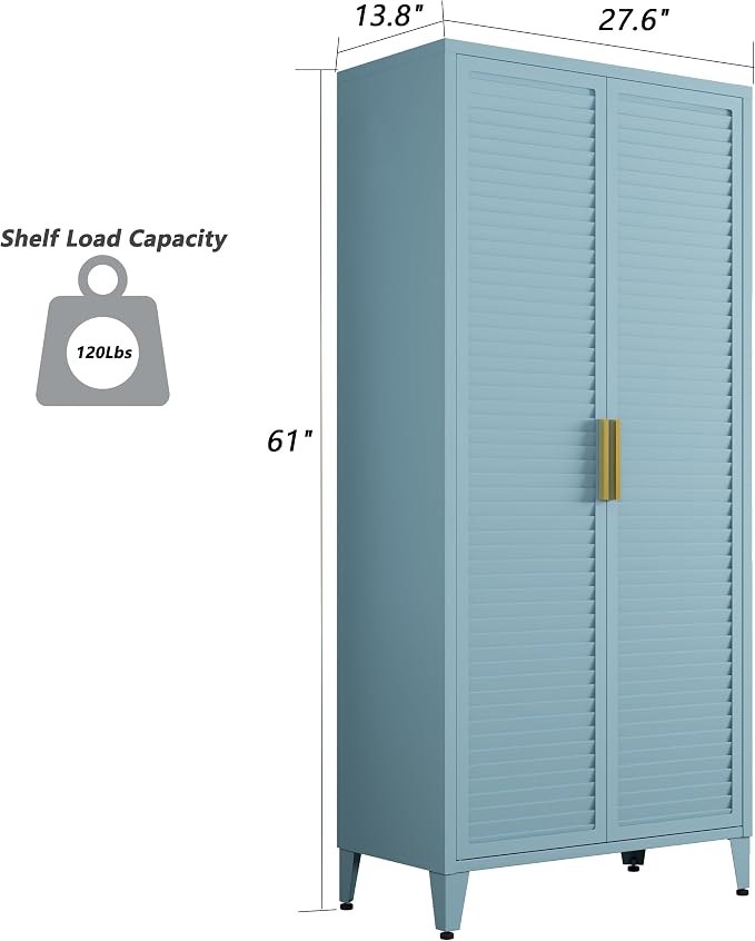 61" Tall Metal Pantry Cabinet with Lock and 3 Adjustable Shelves,Freestanding Heavy Duty steel Storage Locker,Blue Metal Cabinets for Kitchen,Living Room,Laundry,Garage,61" H X 27.6" W X 13.8" D