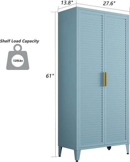 61" Tall Metal Pantry Cabinet with Lock and 3 Adjustable Shelves,Freestanding Heavy Duty steel Storage Locker,Blue Metal Cabinets for Kitchen,Living Room,Laundry,Garage,61" H X 27.6" W X 13.8" D