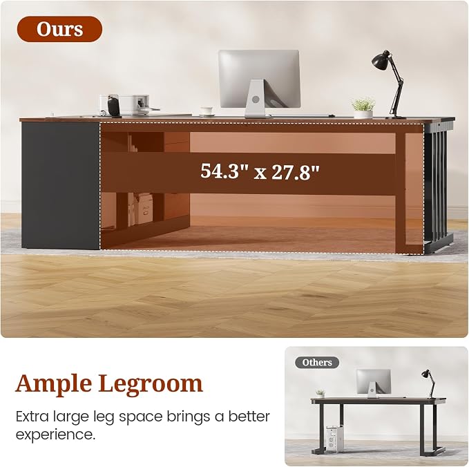 UPOSOJA 71" Executive Desk, Large Office Desk with Drawers & Storage Shelves, Modern L Shaped Computer Desk Corner Desk with Power Outlets, File Cabinet, Business Furniture Desk Workstation (Walnut)
