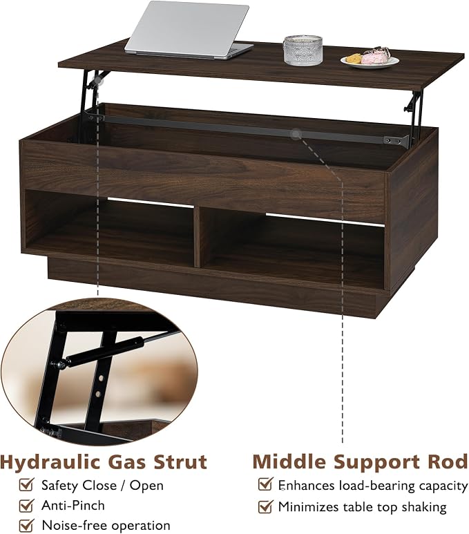 HOMMPA LED Coffee Tables for Living Room, 40 Inch Lift Top Coffee Table with Hidden Storage Mid Century Modern Center Table, Smart Gaming Tea Tables for Home Office Walnut