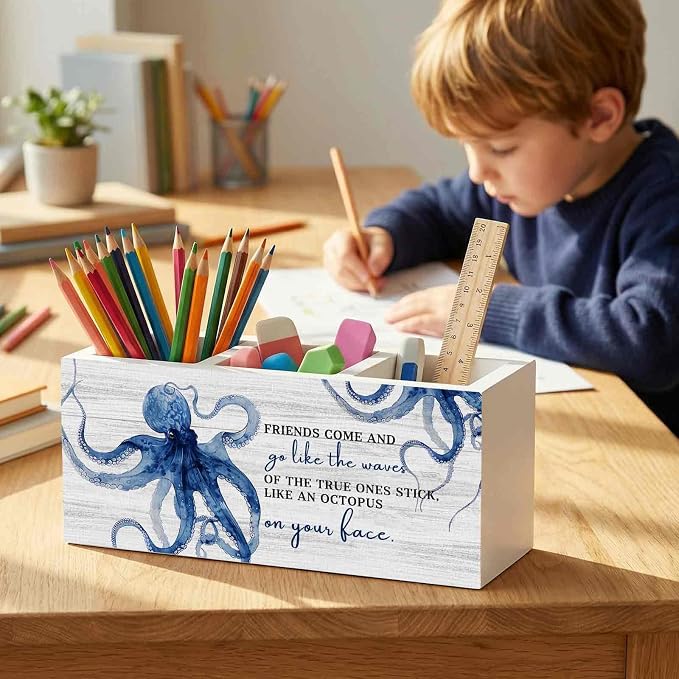 Friends Gifts Pencil Pen Holder for Desk Organizer, Friendship Gifts for Women Men, Coastal Beach Octopus Wooden Box Decorations for Home Office Bedroom Desk Tabletop Decor