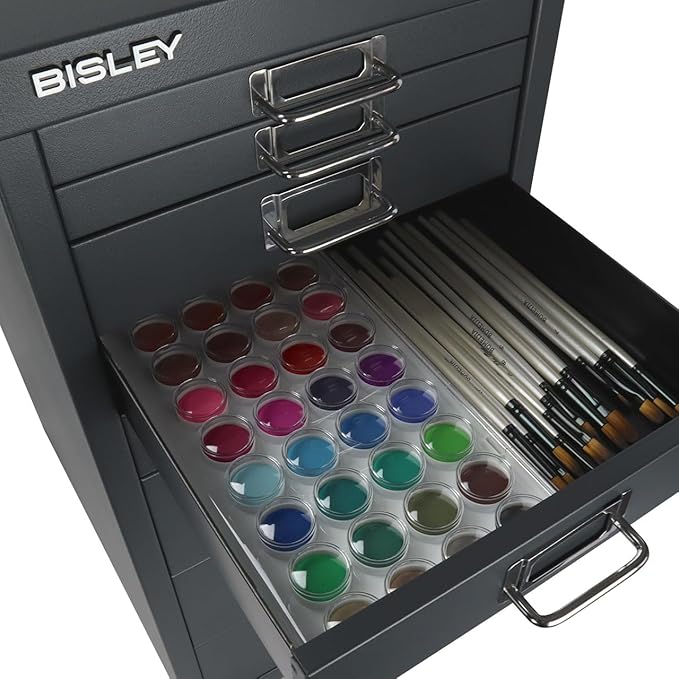 Bisley 8-Drawer Steel MultiDrawer Cabinet - Anthracite Grey | Chrome Pull Handles with Label Holders, Powder-Coated Steel, Removable Drawers, Fits Under Most Desks, Labels Included