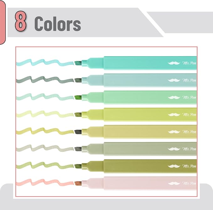 Mr. Pen- Aesthetic Highlighters No Bleed, 8 Pack, Shades of Green | Chisel Tip, Cute Highlighters Assorted Colors for Journaling, Highlighting, Underlining, Fast Dry, Back to School Supplies