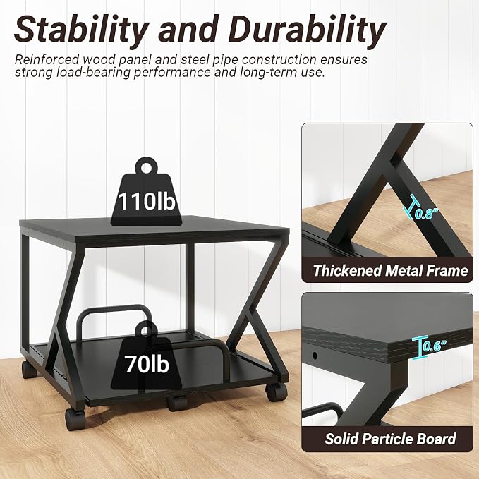 Natwind 2 Tier Printer Stand,19.7''x19.7'',with Pull Out Shelf,Black | Easy Reach for Lower Shelf Items,Rolling Printer Cart with Wheels, Fits Under Desk,Supports 180lbs,for Home Office Kitchen