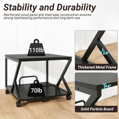Natwind 2 Tier Printer Stand,19.7''x19.7'',with Pull Out Shelf,Black | Easy Reach for Lower Shelf Items,Rolling Printer Cart with Wheels, Fits Under Desk,Supports 180lbs,for Home Office Kitchen
