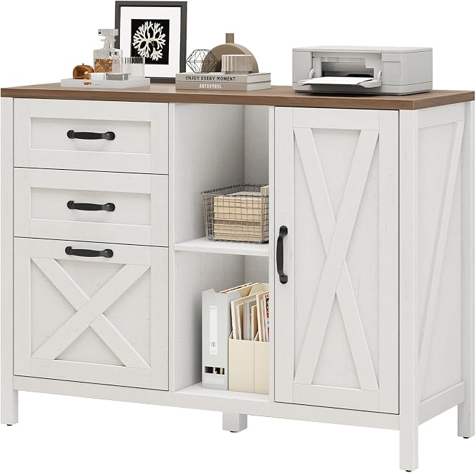 Halitaa 3 Drawer File Cabinet, Farmhouse Style Lateral Filing Cabinet Suitable for Letter or A4 Size Files, Wooden Home Office Storage with Adjustable Shelf and Printer Stand, White and Brown