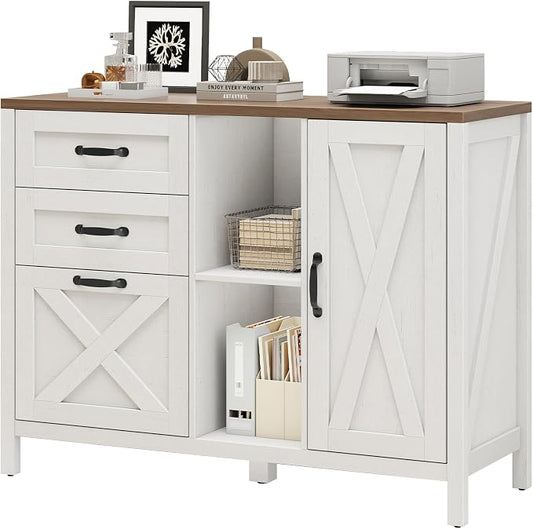 Halitaa 3 Drawer File Cabinet, Farmhouse Style Lateral Filing Cabinet Suitable for Letter or A4 Size Files, Wooden Home Office Storage with Adjustable Shelf and Printer Stand, White and Brown