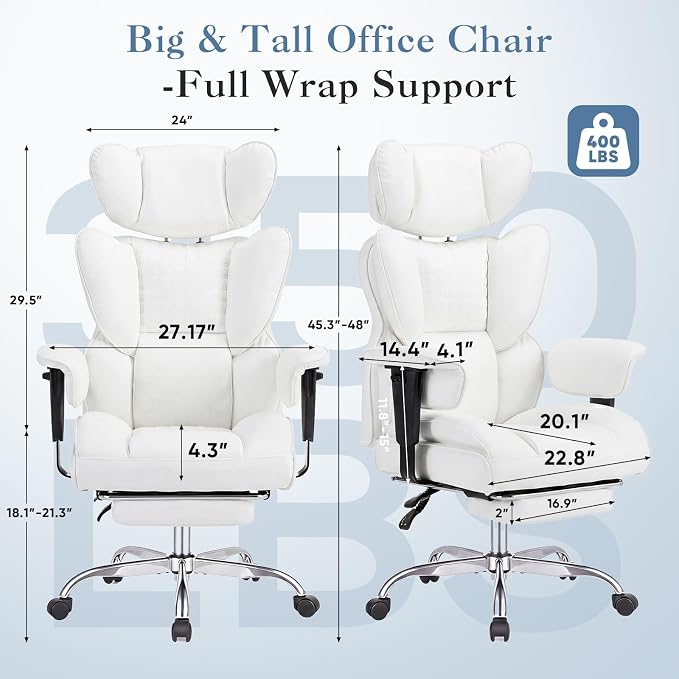 DUMOS Big and Tall Home Office Desk Chair, Ergonomic Executive Chair with Footrest, Computer Gaming Chairs with High Back Reclining, Adjustable Armrests and Comfy Lumbar Support, PU Leather, White