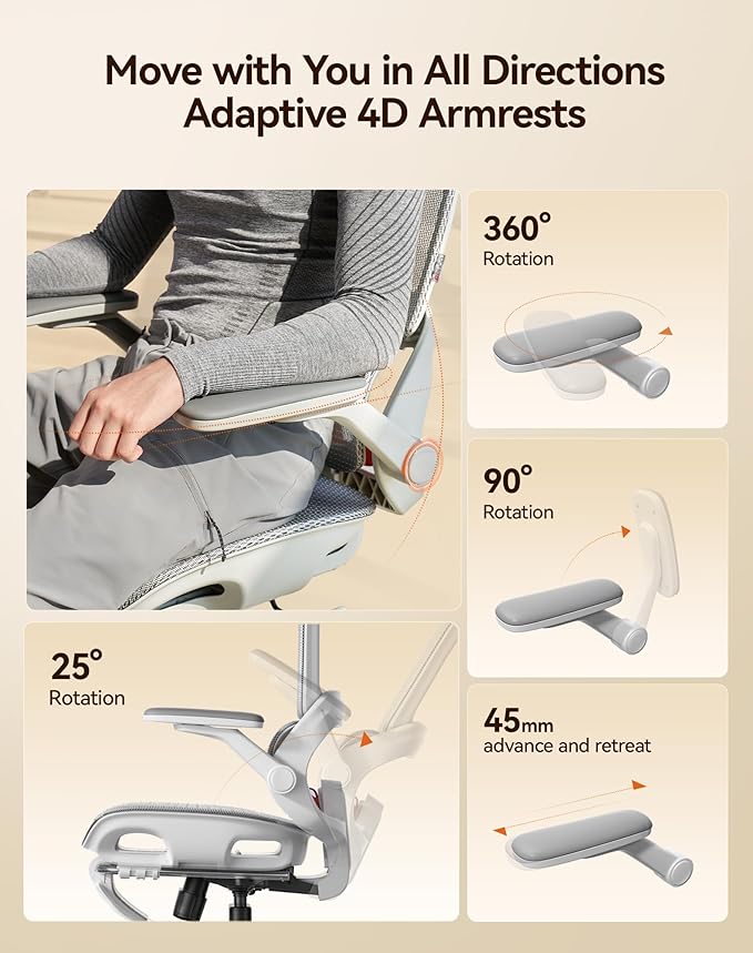 SIHOO B100 Pro Ergonomic Office Chair, Office Chair with Adaptive Lumbar Support, Computer Chair with Dual-Back, Desk Chair with 360° Rotatable & Flip-Up Armrests, 3D Wide Headrest, Light Grey