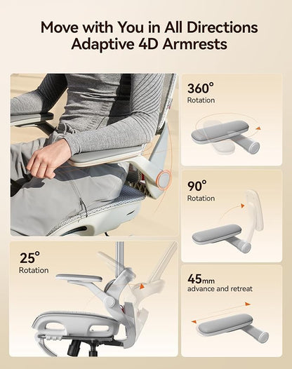 SIHOO B100 Pro Ergonomic Office Chair, Office Chair with Adaptive Lumbar Support, Computer Chair with Dual-Back, Desk Chair with 360° Rotatable & Flip-Up Armrests, 3D Wide Headrest, Light Grey