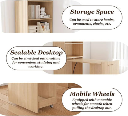 KEIKI Home Office Stretchable Desks with Storage Shelves and Mobile Wheels, Modern Wood Foldable Desk Gaming Computer Corner Table for Apartments Work, Study, Writing, Natural