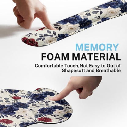 Britimes Navy Blue Florals Keyboard Mouse Pad Set Red Peony Florals Boho 4in1 Large Mousepad+Keyboard Wrist Rest+Mouse Wrist Rest+Coaster Ergonomic Design for Home Office Computer 35.4x15.7 inches