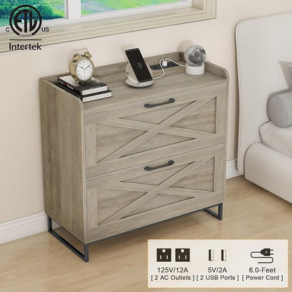 Halitaa File Cabinet 2 Drawers, Lateral File Cabinet with Charging Station for Letter/Legal/A4 Size Hanging Files, Large Wood File Storage Cabinets Printer Stand for Home Office, Washed Gray