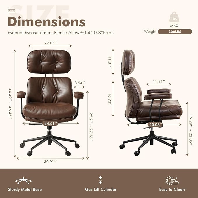 Faux Leather Executive Office Chair - Big and Tall Ergonomic Home Office Chair,Reclining Computer Desk Chair with Lumbar Support,Adjustable Task Chair Swivel Rolling PC Chair with Wheels,PU,Dark Brown