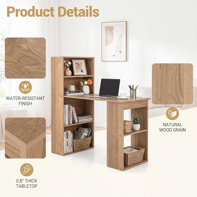 Tangkula Computer Desk with Bookshelf, Writing Study Desk with Storage Shelves & CPU Stand, Modern Compact Computer Workstation for Home & Office, Space-Saving Design(Natural)
