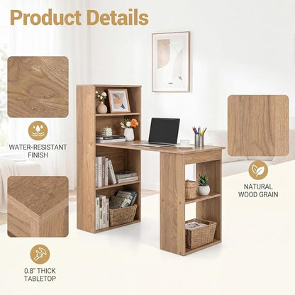 Tangkula Computer Desk with Bookshelf, Writing Study Desk with Storage Shelves & CPU Stand, Modern Compact Computer Workstation for Home & Office, Space-Saving Design(Natural)