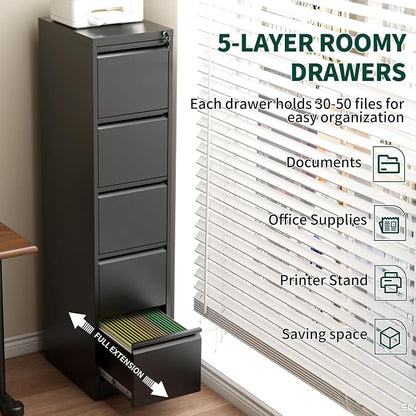 5 Drawer File Cabinet with Lock, Metal Vertical File Cabinets for Home Office, Office Furniture for Organization Hanging Legal/Letter/A4, Office File Cabinet Storage Cabinet, Require Assembly, Black