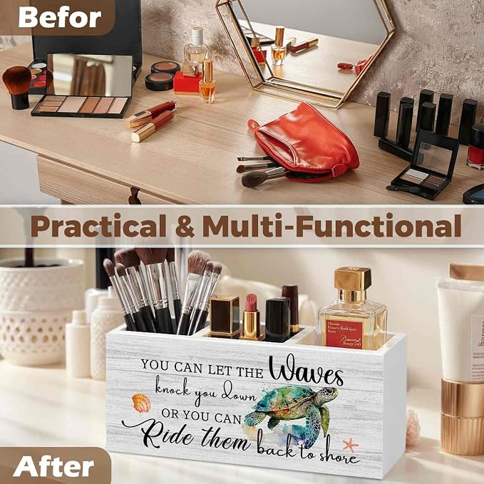 Motivational Sea Turtle Pencil Pen Holder for Desk Organizer, Motivational Gifts, Coastal Beach Sea Turtle Wooden Box Decorations for Home Office Bedroom Desk Tabletop Decor