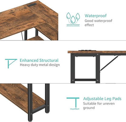 Lufeiya L Shaped Computer Desk with Power Outlet Shelves, 47 Inch Corner Desk for Home Office Bedroom, L-Shaped Study Writing Working PC Desks, Rustic Brown