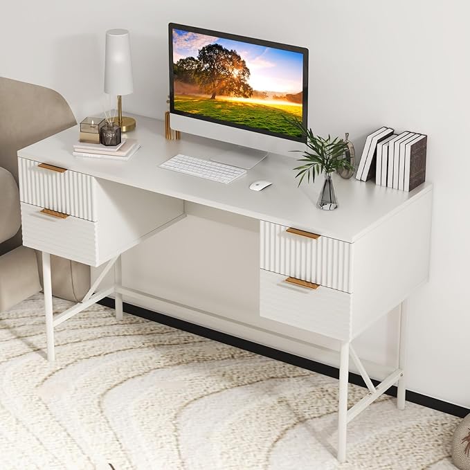 Tangkula White Desk with 4 Drawers, 48 Inch Home Office Desk with Storage, Modern Computer Desk Study Writing Desk with Metal Frame for Bedroom, Study, Office