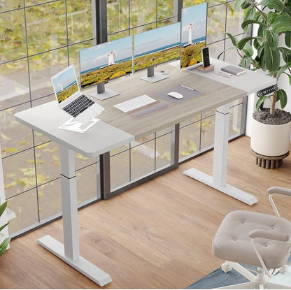 Height Adjustable Electric Standing Desk, 63x30 Height Stand Up Computer Desk,Sit and Stand Home Office Desk with Splice Board (White+Oak Top, White Frame)