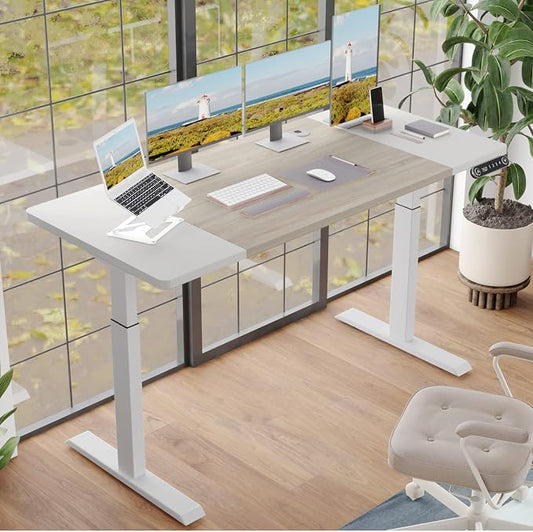 Height Adjustable Electric Standing Desk, 63x30 Height Stand Up Computer Desk,Sit and Stand Home Office Desk with Splice Board (White+Oak Top, White Frame)