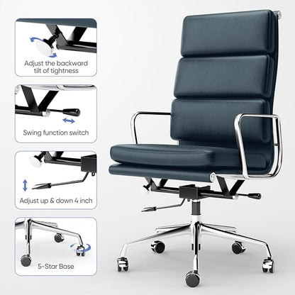 Genuine Leather Office Chair, Padded Executive Desk Chair with Arms, Wheels, Lumbar Support, Aluminum Base (Dark Blue, High-Back)