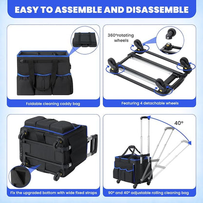 Rolling Cleaning Caddy Bag with Detachable Trolley, Large Multi-Pockets Cleaning Supply Organizer with Handles and Shoulder Strap, Cleaning Cart Supplies Organizer for Housekeepers, Cleaners, Car