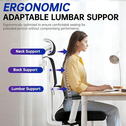 Ergonomic Office Chair, High Back Mesh Computer Chair with Comfortable Adaptive Lumbar Support, Built-in Coat Hanger, SGS Class 4 Gas Lift, Heavy Duty 300lbs for Long Hours Home Office