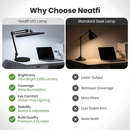 Neatfi XL 24W LED Desk Lamp – 2,200 Lumens | 23” Wide Shade | Dimmable Eye-Caring Task Light | Adjustable Arm | Office, Study, Crafting & Nail Techs (Black, Non-CCT with Base)