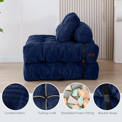 MAXYOYO Folding Sofa Bed, Convertible Chair with Pillow Foldable with Back Support, Portable Fold Out Chair Bed Comfy Floor Sofa Lounge for Living Room Bedroom, Navy, Single