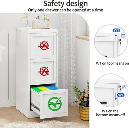 Small Metal 3-Drawer File Cabinet, Under-Desk Filing Cabinet, White | Locking, Adjustable Hanging Rail, Fit A4, FC, Letter, Hanging File Folders for Home Office Storage Organization, 1PS