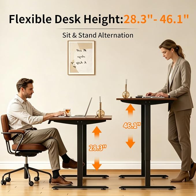 Electric Standing Desk, 47.2 x 23.6 Inches Sit Stand up Desk, Home Office Desk with 3 Memory Height Settings, Black Frame/Walnut Wood Color Top