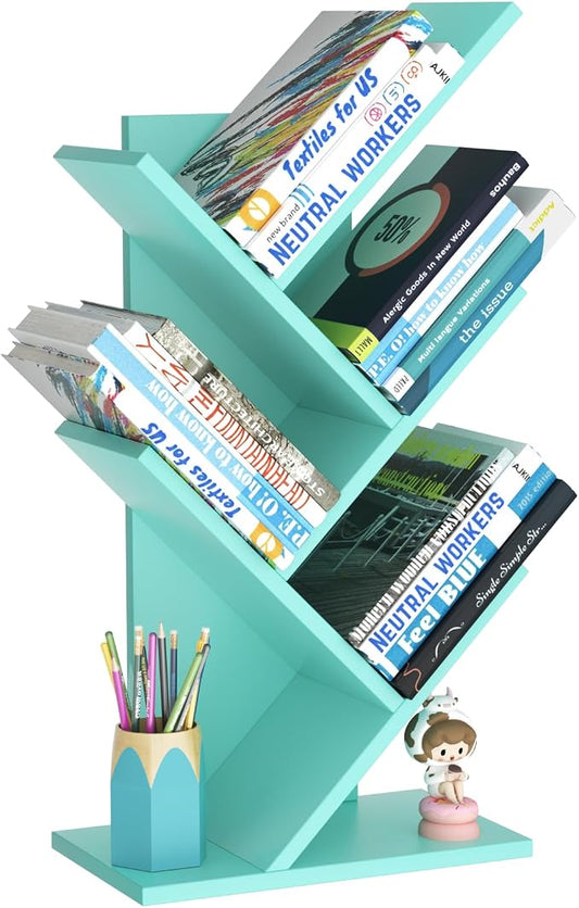 SHEEPAM 5 Tier Tree Book Shelf, Small Desktop Bookshelf with Storage Organizer, Wood Bookcase, Desk Display Bookshelves, Floor Standing Organizer Bookcases for Living Room,Bedroom,Office-Green