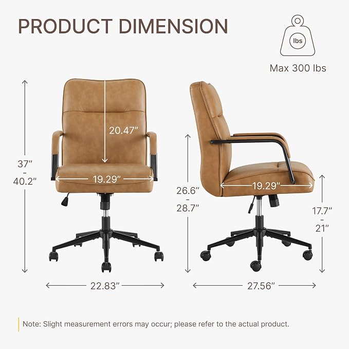 KISLOT Ergonomic Home Office Chair with Lumbar Support, Adjustable Swivel Modern Desk Chair with Wheels, Faux Leather Computer Chair with Padded Arms, Comfy Executive Office Chair, Camel Brown