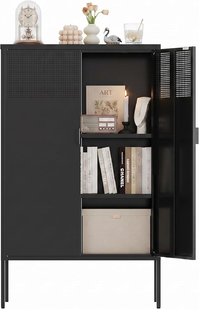 Black Metal Storage Cabinet,2 Door TV Stand, Metal Mesh Accent Cabinet,Magnetic Door Closure,Low Storage Cabinets with Doors and Shelf for Home,Office,Living Room