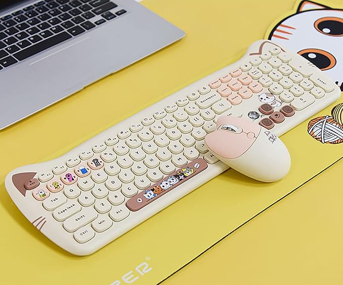 Cute Cat 2.4G USB Wireless Keyboard and Mouse Combo, Silent Keys, Candy Colors, Compatible with Notebook, PC (MilkTea-110Keys)