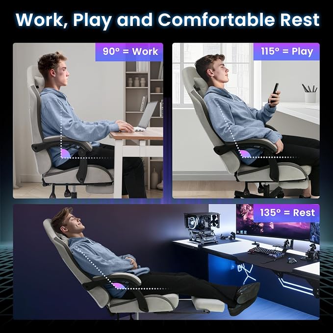 N-GEN GAMING Gaming Chair Video Game Computer Office Desk Use Ergonomic Reclining Backrest Adjustable Armrests Lumbar Support Footrest High Density Foam Breathable Fabric Heavy Duty Base (Grey)