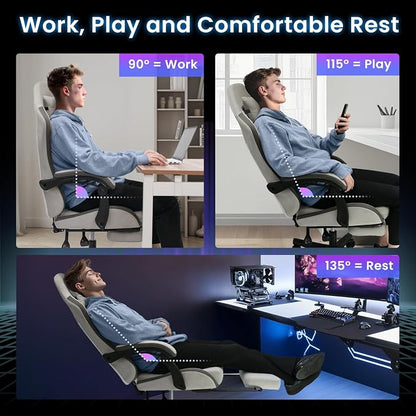 N-GEN GAMING Gaming Chair Video Game Computer Office Desk Use Ergonomic Reclining Backrest Adjustable Armrests Lumbar Support Footrest High Density Foam Breathable Fabric Heavy Duty Base (Grey)
